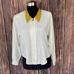 VINTAGE 80's 90's HOT STUFF Ivory Long Sleeve Blouse w Gold Embroidered Collar